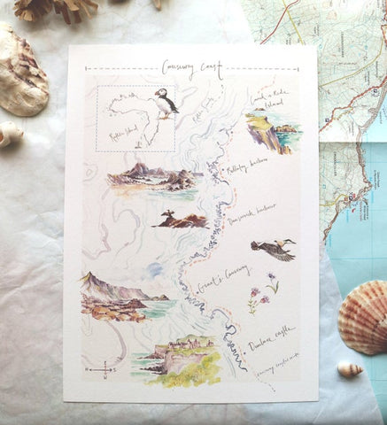 PC BACKED Illustrated Map Causeway Coast Print, A4 Art Print