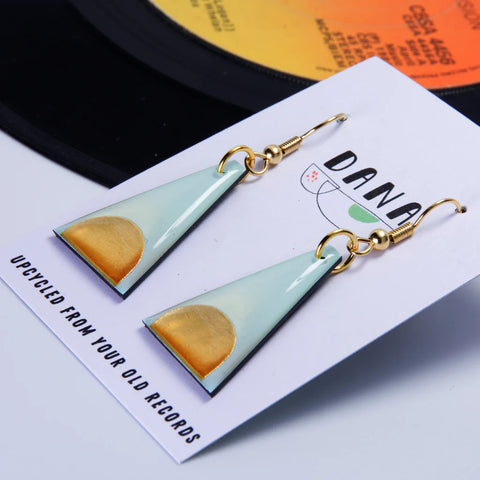 Triangular shaped dangly earrings by Dana Jewellery made from recycled vinyl records. Mint & Gold Colour.