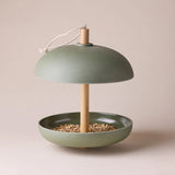 Green bird feeder with wooden perch on a beige background