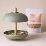 FieldDay Songbird bird feeder with a wooden handle next to a FieldDay Seed Mix on a beige background
