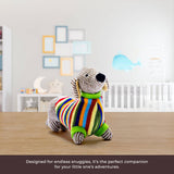 Sausage Dog Baby Rattle with Rainbow Stripe Jumper Knitted