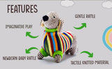 Sausage Dog Baby Rattle with Rainbow Stripe Jumper Knitted