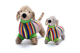 Sausage Dog Baby Rattle with Rainbow Stripe Jumper Knitted
