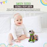Sausage Dog Baby Rattle with Rainbow Stripe Jumper Knitted