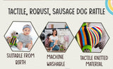 Sausage Dog Baby Rattle with Rainbow Stripe Jumper Knitted
