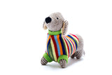 Sausage Dog Baby Rattle with Rainbow Stripe Jumper Knitted