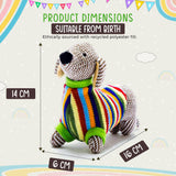 Sausage Dog Baby Rattle with Rainbow Stripe Jumper Knitted