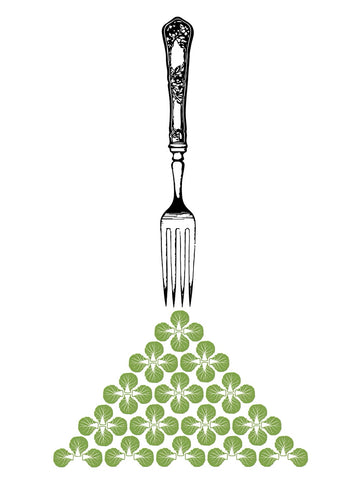 White Irish Linen tea towel with Brussel Sprouts & metal fork print.