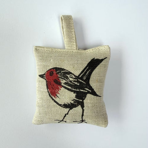 Oatmeal coloured Irish Linen scented sachet with robin print on pain background.
