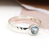PM Sterling silver hammered ring with blue topaz - Large/L (58)