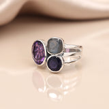 PM Sterling silver tri-stone ring with Amethyst Iolite and Labradorite