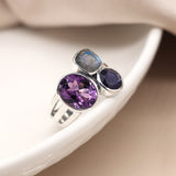 PM Sterling silver tri-stone ring with Amethyst Iolite and Labradorite