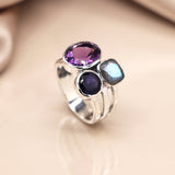 PM Sterling silver tri-stone ring with Amethyst Iolite and Labradorite