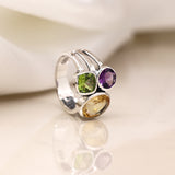 PM Sterling silver tri-stone ring with Amethyst Peridot and Citrine