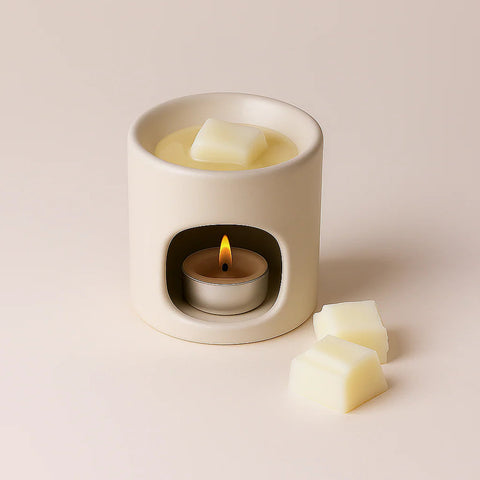 FieldDay White Stoneware wax burner with a lit candle inside on a light beige background