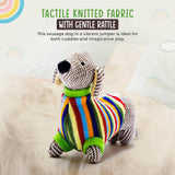 Sausage Dog Baby Rattle with Rainbow Stripe Jumper Knitted