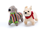 Sausage Dog Baby Rattle with Rainbow Stripe Jumper Knitted