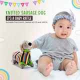 Sausage Dog Baby Rattle with Rainbow Stripe Jumper Knitted
