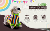 Sausage Dog Baby Rattle with Rainbow Stripe Jumper Knitted