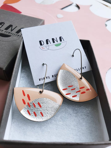 Dana Semi Circle Dangle Earrings - Pink/Silver/Red Lines