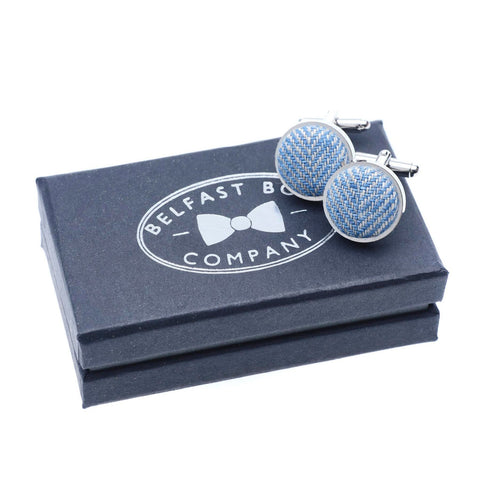 Belfast Bow Co Handmade Irish Linen Cufflinks-Blue Herringbone