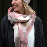 PM Check Blanket Scarf with Fringe - Pink & Soft Taupe