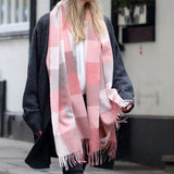 PM Check Blanket Scarf with Fringe - Pink & Soft Taupe