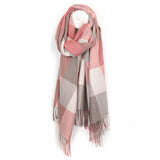 PM Check Blanket Scarf with Fringe - Pink & Soft Taupe