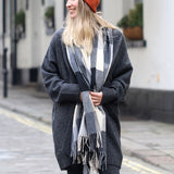 PM Check Blanket Scarf with Fringe - Black & Grey