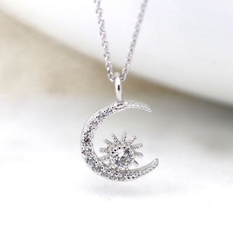 PM Sterling Silver Crystal Crescent Moon Necklace