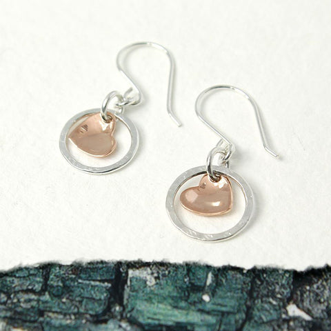 PM Rose Gold Heart in Sterling Silver Circle Earrings